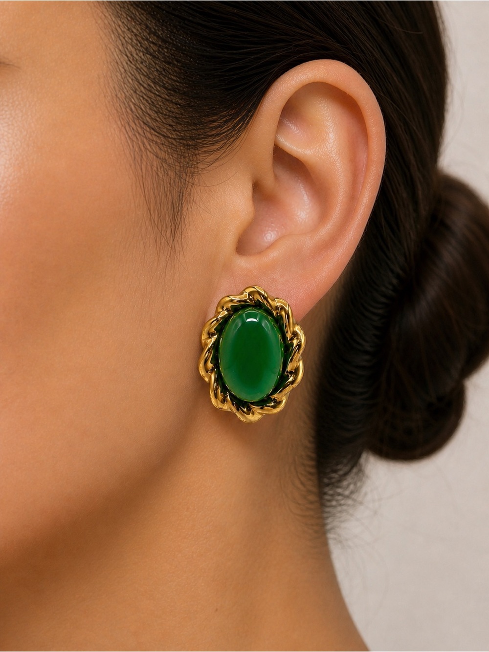 Gold PVD Green Oval Cabochon Twist Earrings - Picture 3 of 3